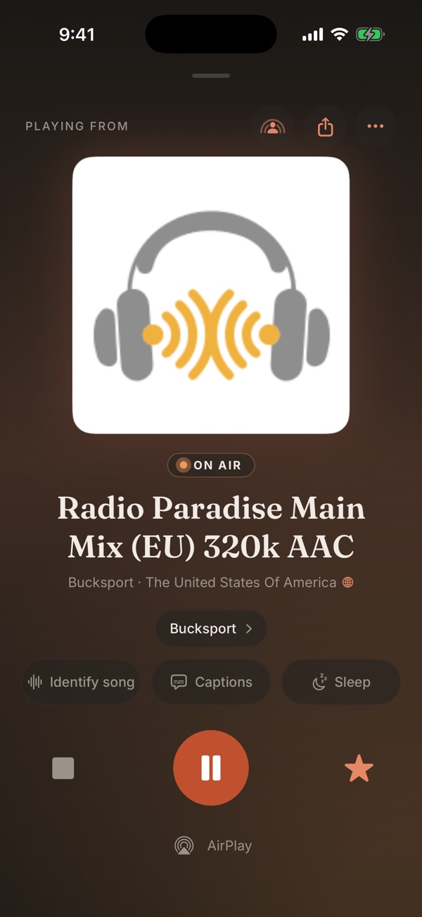 Radio Dad playing Radio Paradise from the United States, with no account and no ads