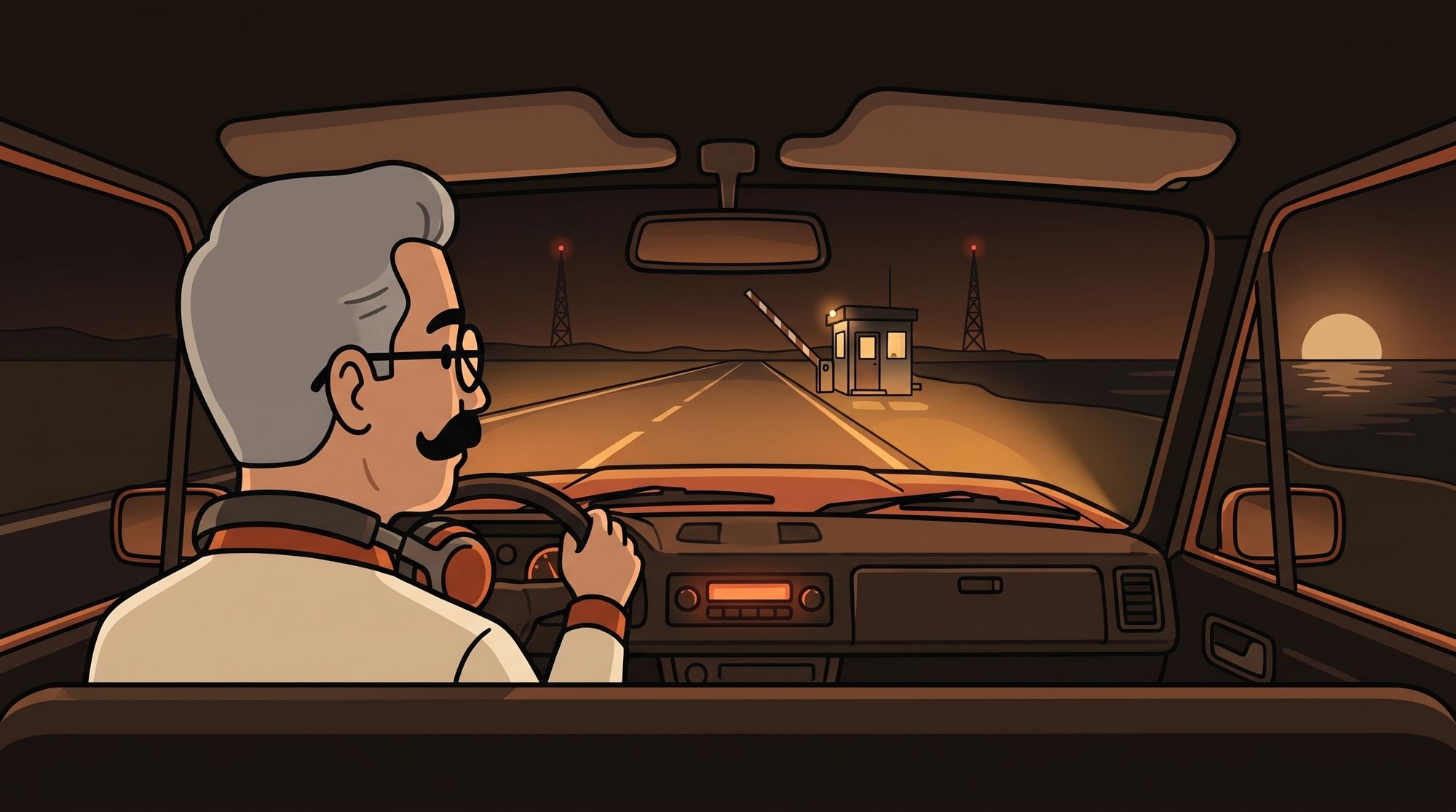 Dad driving a night coastal road toward a lit border checkpoint, radio masts blinking on both sides