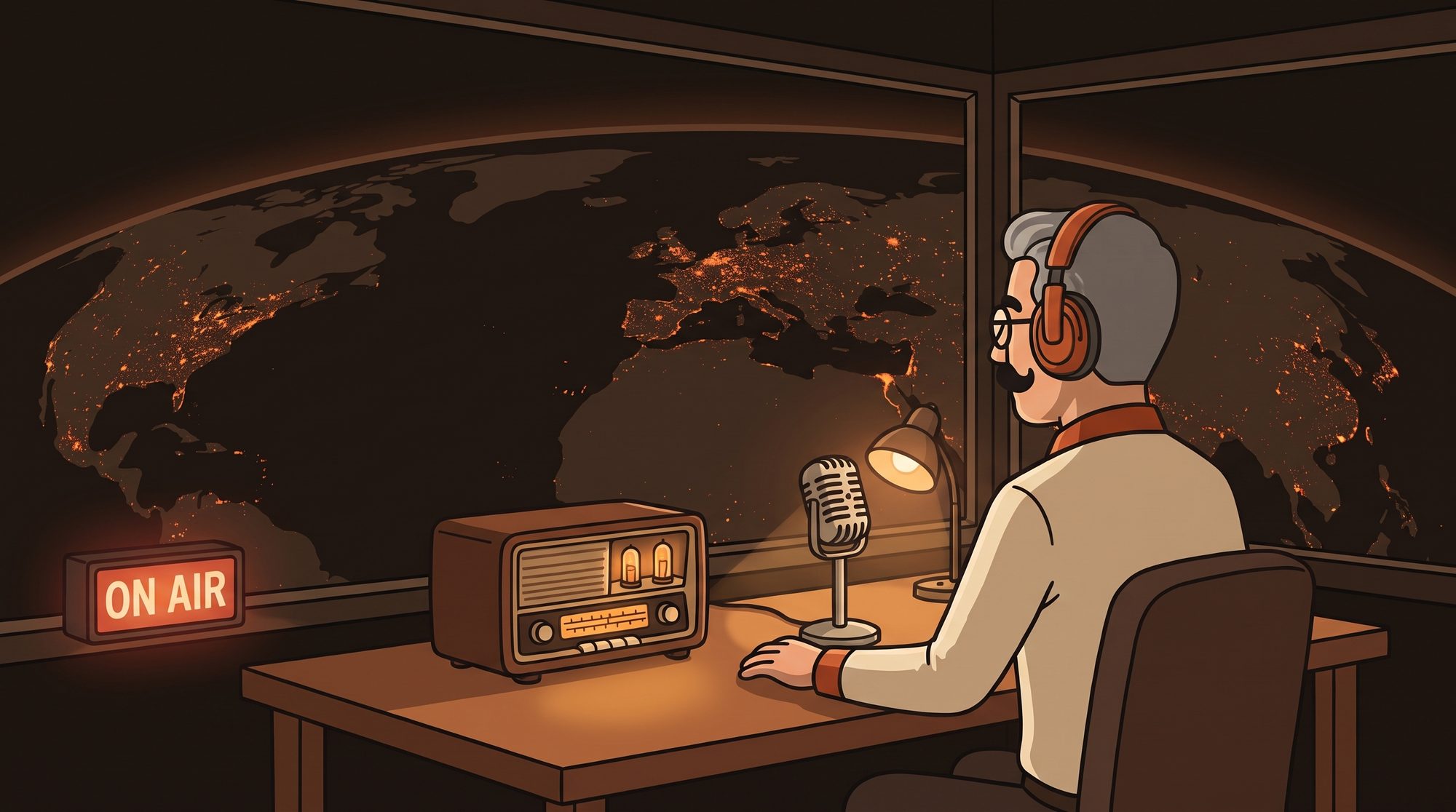 Dad's night studio desk, the on-air lamp glowing in the window over the dark Earth