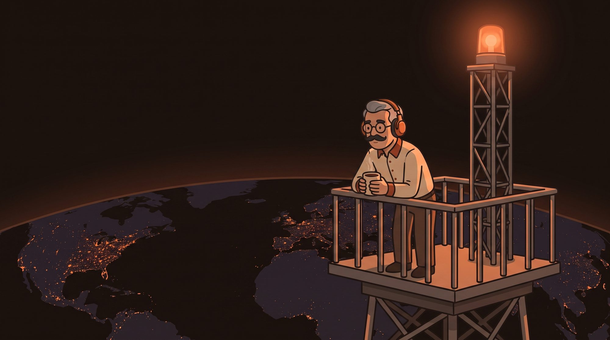 Dad on his transmitter tower above the night side of Earth, city lights glowing below