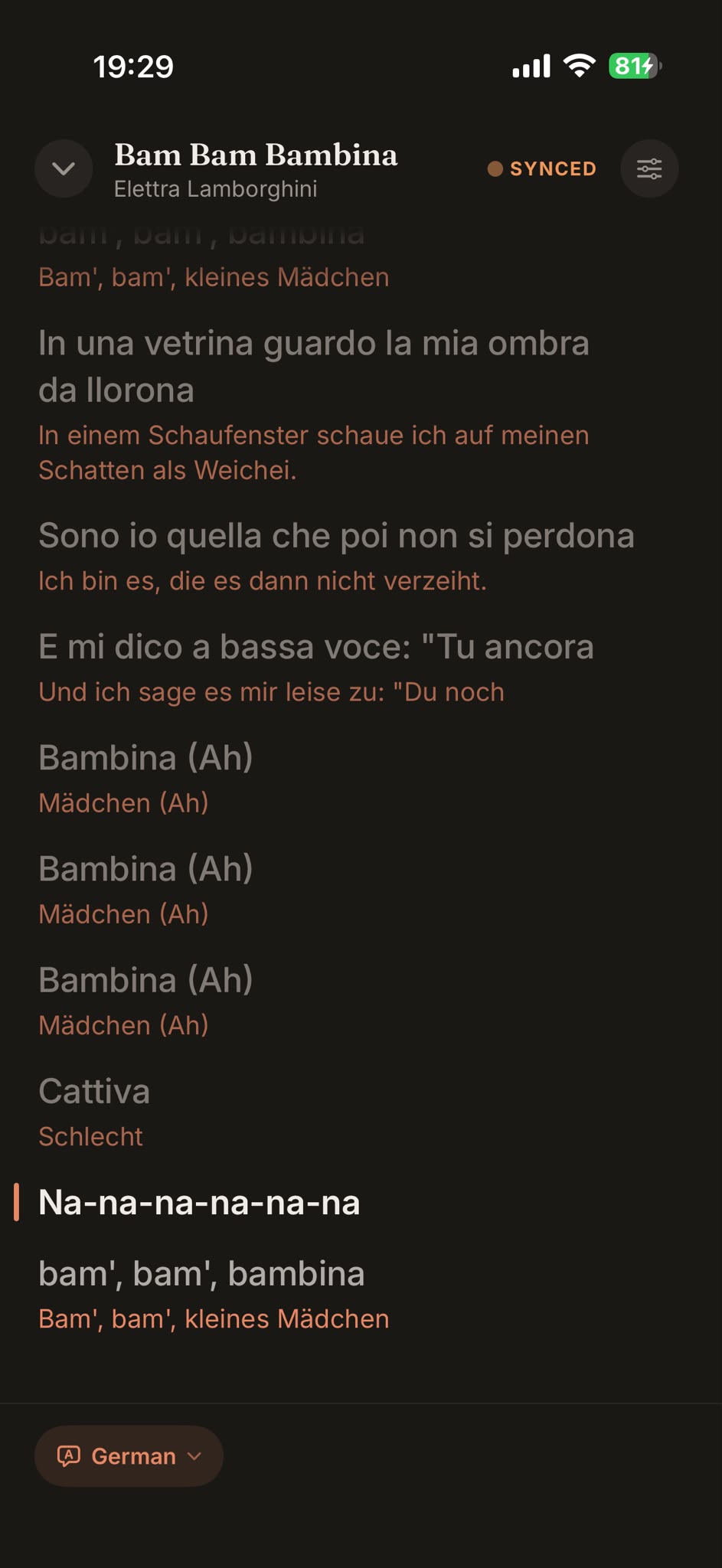 Synced lyrics for Bam Bam Bambina by Elettra Lamborghini: each Italian line followed by its German translation, the current line highlighted, and a German language picker at the bottom
