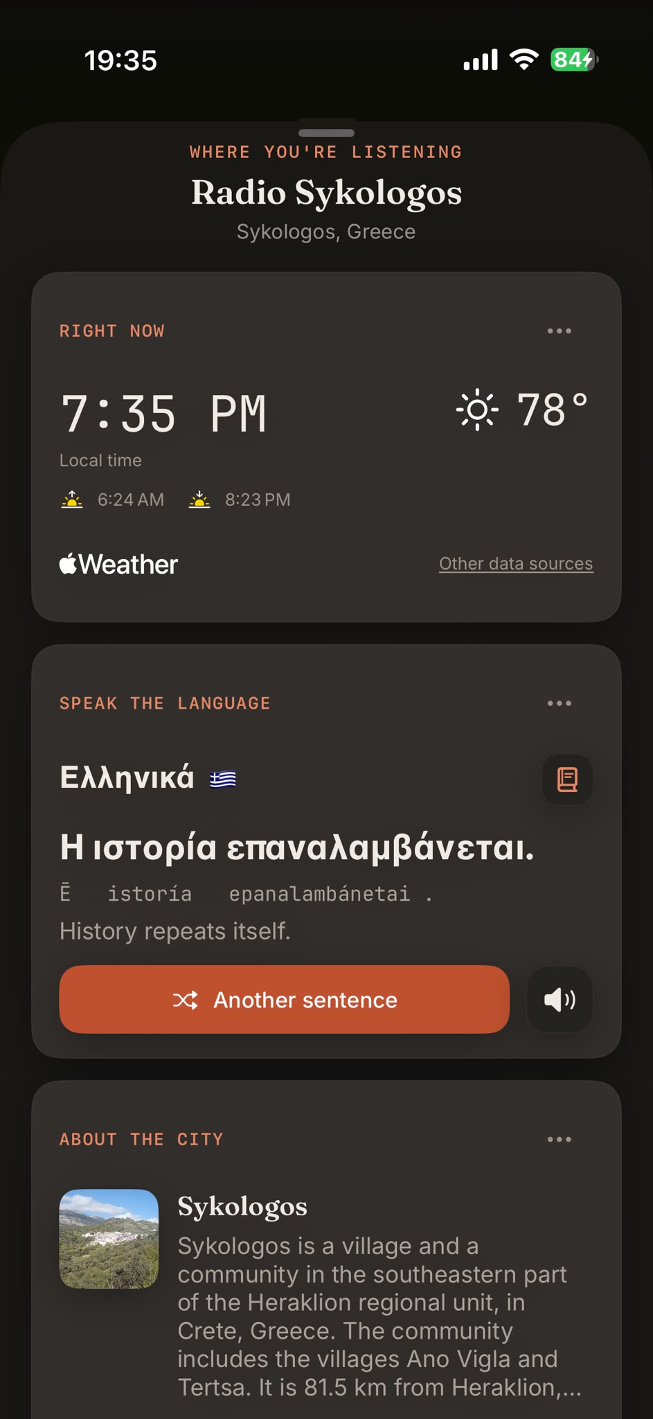 The place sheet for Radio Sykologos in Greece: local time 7:35 PM with sunrise and sunset, 78° from Apple Weather, a Greek phrase to learn, and a short note about the village of Sykologos in Crete