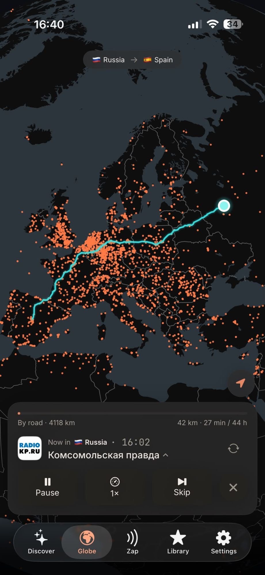 A Road Trip on the globe: the driving route from Russia to Spain traced across Europe, 4,118 km by road, currently in Russia with Komsomolskaya Pravda on air at 16:02